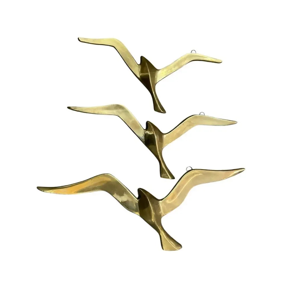Gold Brass Seagulls Wall Decor 3 Piece Set Vintage 1960’s Coastal Accent EUC